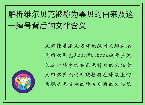 解析维尔贝克被称为黑贝的由来及这一绰号背后的文化含义 解析维尔贝克被称为黑贝的由来及这一绰号背后的文化含义