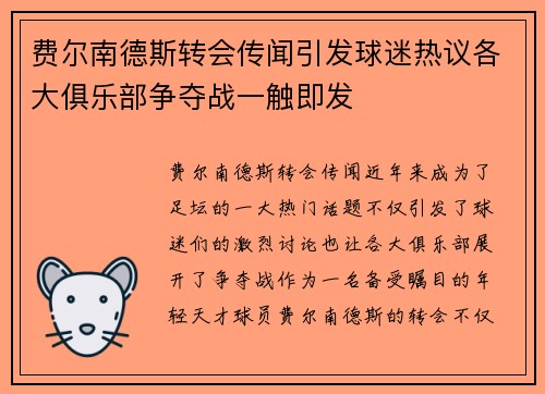 费尔南德斯转会传闻引发球迷热议各大俱乐部争夺战一触即发 费尔南德斯转会传闻引发球迷热议各大俱乐部争夺战一触即发