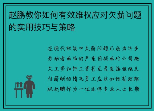 赵鹏教你如何有效维权应对欠薪问题的实用技巧与策略 赵鹏教你如何有效维权应对欠薪问题的实用技巧与策略