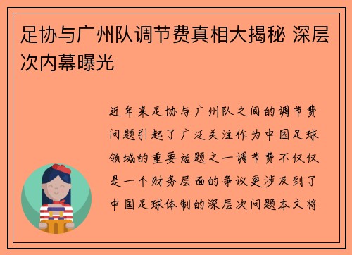足协与广州队调节费真相大揭秘 深层次内幕曝光
