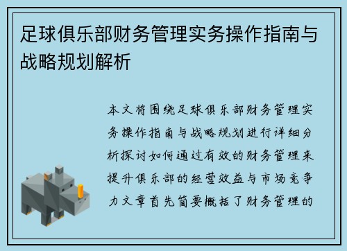 足球俱乐部财务管理实务操作指南与战略规划解析